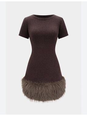 Zara Chocolate Brown wool blend Knit Short sleeved  Dress wth Fur Hem Size Large